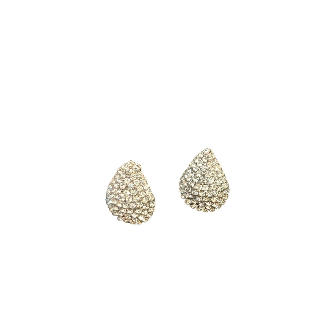 Vintage Silver Tone Rhinestone Pave Teardrop Stud Earrings Clear Sparkle